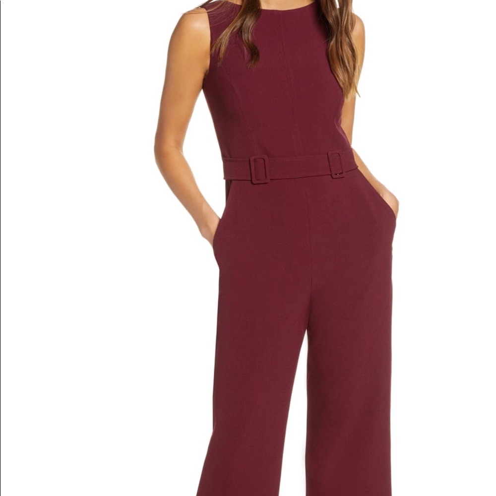 Vince Camuto Belted Stretch Maroon Jumpsuit